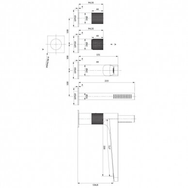 4 dalių braižyto vario spalvos maišytuvas voniai Omnires Contour CT8032CPB 1