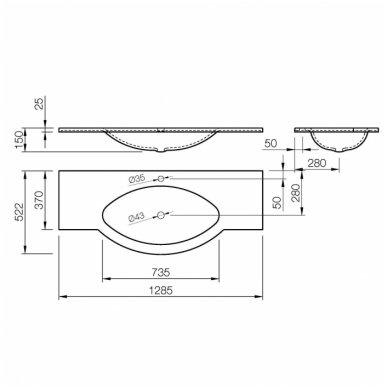 Baldinis lieto akmens praustuvas Vispool L-1300 1285x522 mm. 1