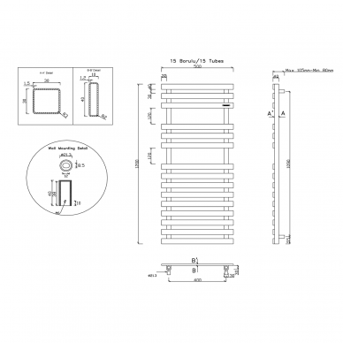 Braižyto nerūdijančio plieno spalvos elektrinis džiovintuvas TRUVA 500x1200 mm su paslėptu tenu (kairinis) 5