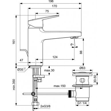 Ideal Standard CERAPLAN H90  paaukštintas praustuvo maišytuvas su metaliniu dugno vožtuvu,  5l/min, chromas 2