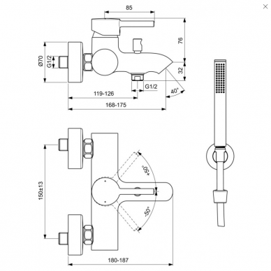 Juodas matinis Ideal Standard CERLINE vonios maišytuvo komplektas BC270XG 3