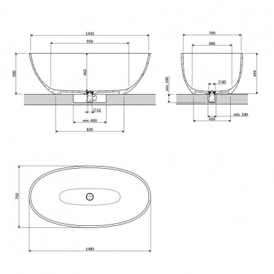 Pilka laisvai pastatoma lieto akmens vonia Omnires SHELL M+ SHELL148WWAG 148 x 75 cm 3