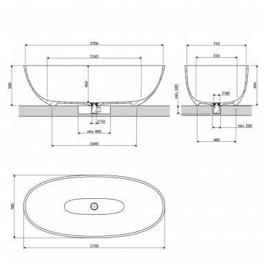 Matinė laisvai pastatoma lieto akmens vonia Omnires SHELL M+ SHELL175WWBM 175 x 78 cm 3