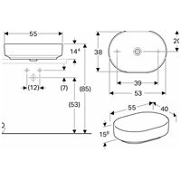 Pastatomas ant stalviršio elipsės formos praustuvas Geberit Variform 55cm 1