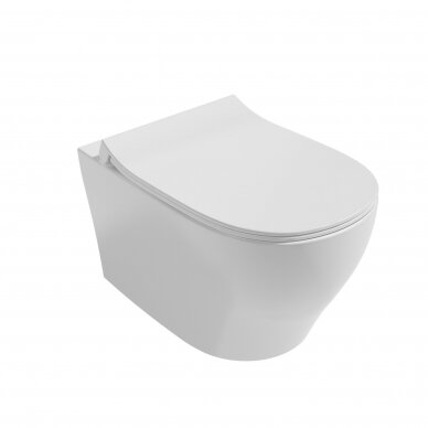 Potinkinis WC komplektas rėmas ISVEA DUREZZA baltos spalvos klavišu ir klozetas Iseva Soluzione II Rimless su lėtaeigiu dangčiu 1