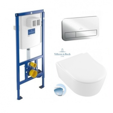 Villeroy & Boch rėmas su mygtuku ir Avento Direct Flush unitazas su Slim Soft close dangčiu