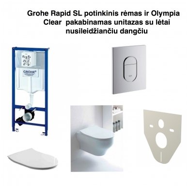 Grohe Rapid SL potinkinis rėmas ir Olympia Clear pakabinamas unitazas su lėtai nusileidžiančiu dangčiu