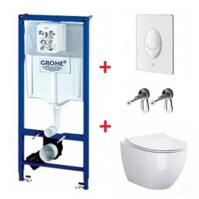 WC rėmo Grohe, mygtuko Skate Air ir klozeto Cersanit Rimless su plonu lėtaeigiu dangčiu komplektas